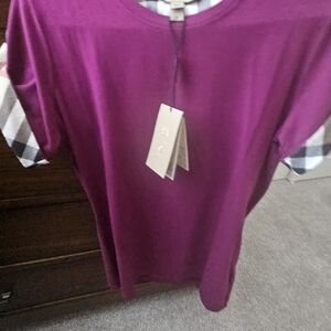 Burberry Magenta Pink T-Shirt with Plaid Sleeves New
